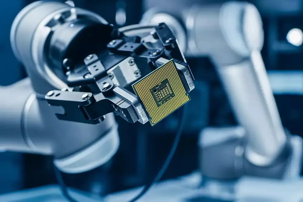 Robotkar, amely automatizált gépeket működtet egy félvezető gyártási környezetben.