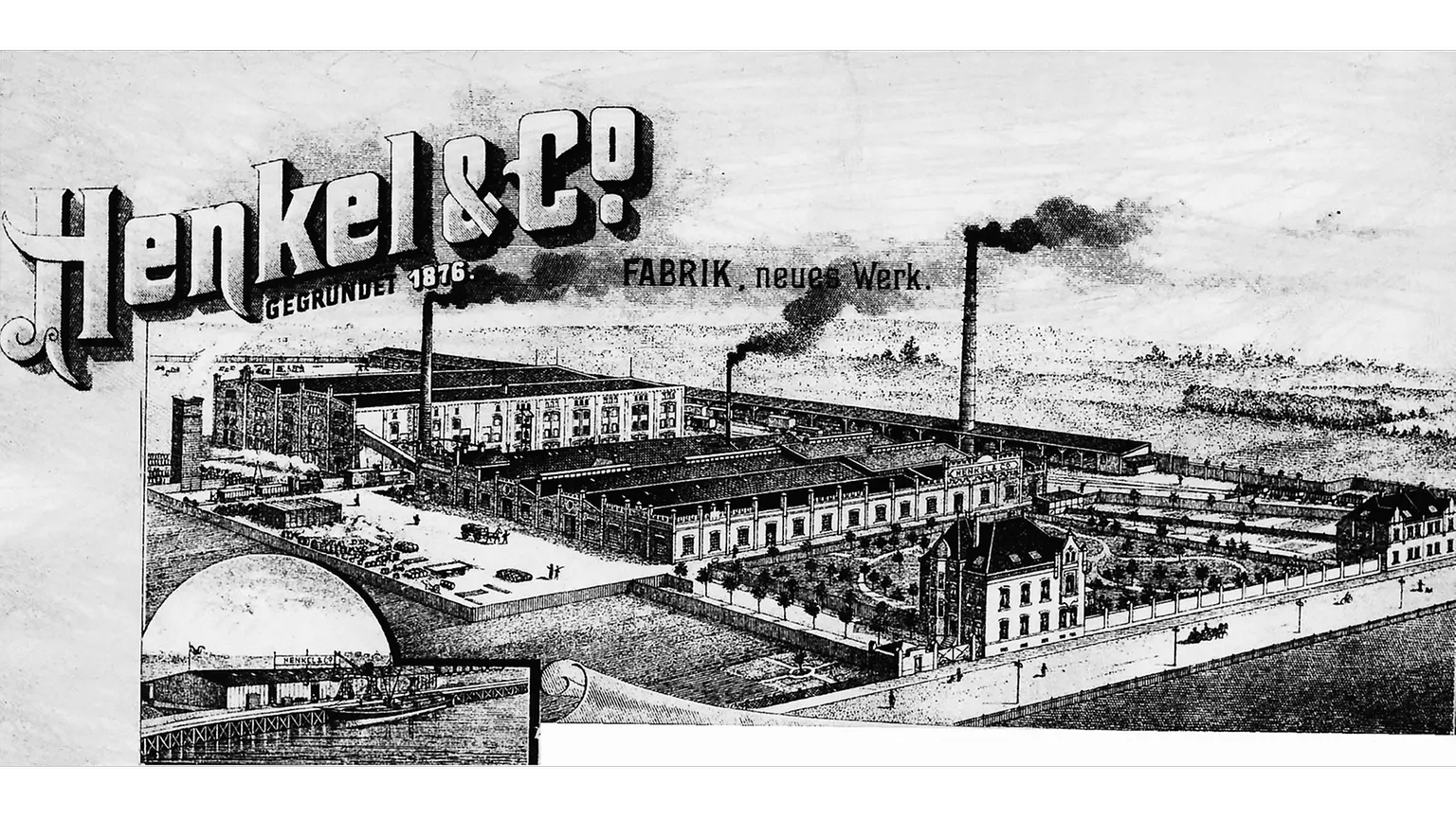 Henkel-levélpapír a holthauseni gyár képével és a balra alsó sarokban a reisholzi kikötő részletével.