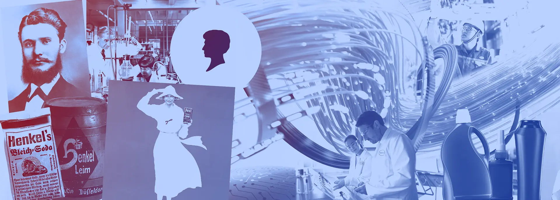 Régi Henkel-termékekből, mosószeres flakonokból, laboratóriumi dolgozókból és történelmi hirdetésekből összeállított, kék tónusú kollázs