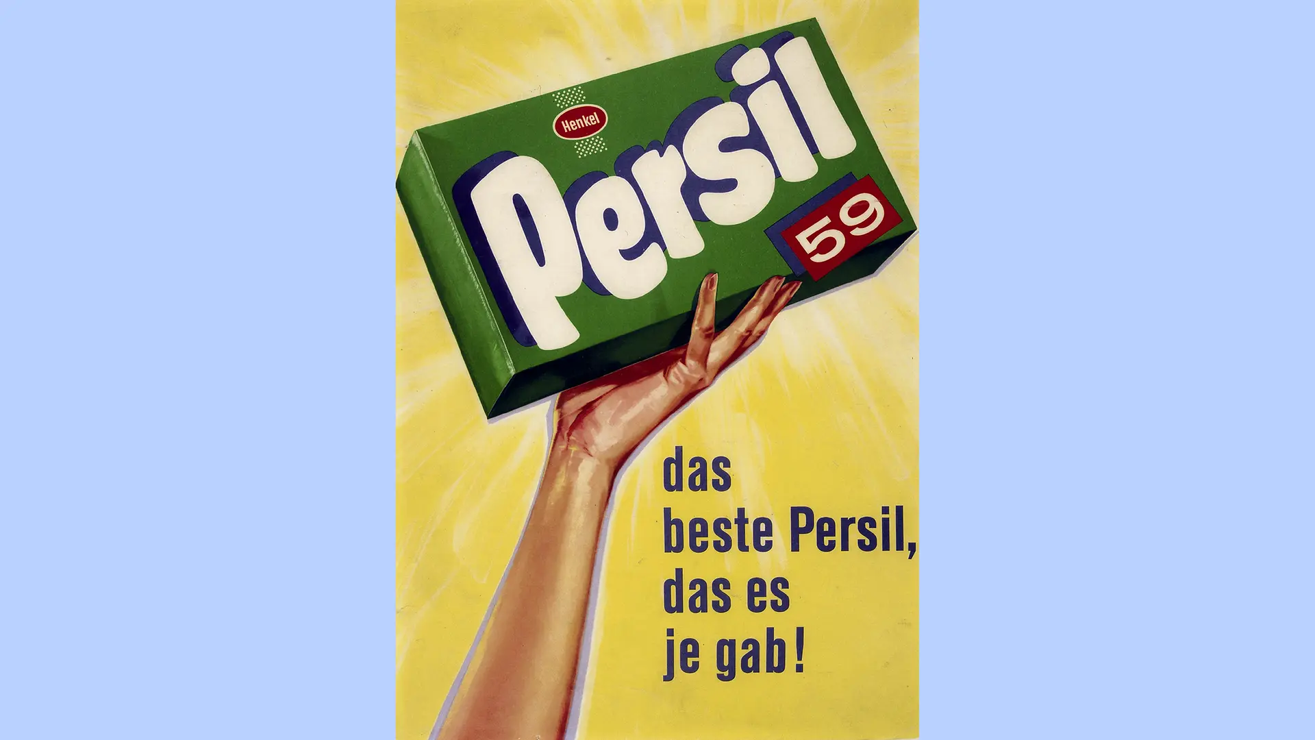 A Persil 59 mosószer csomagolását ábrázoló zöld reklámplakát