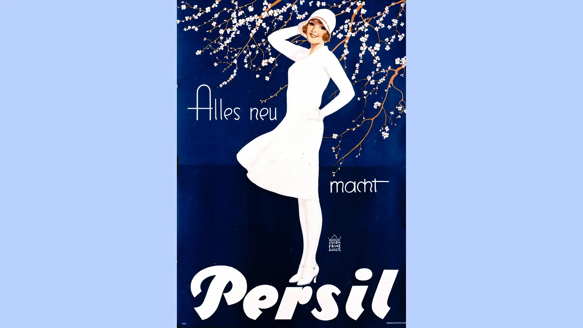 A fehér ruhás hölgy sötétkék alapon, cseresznyevirágokkal és az „Alles neu macht Persil” („A Persil mindent újjá varázsol”) szlogennel