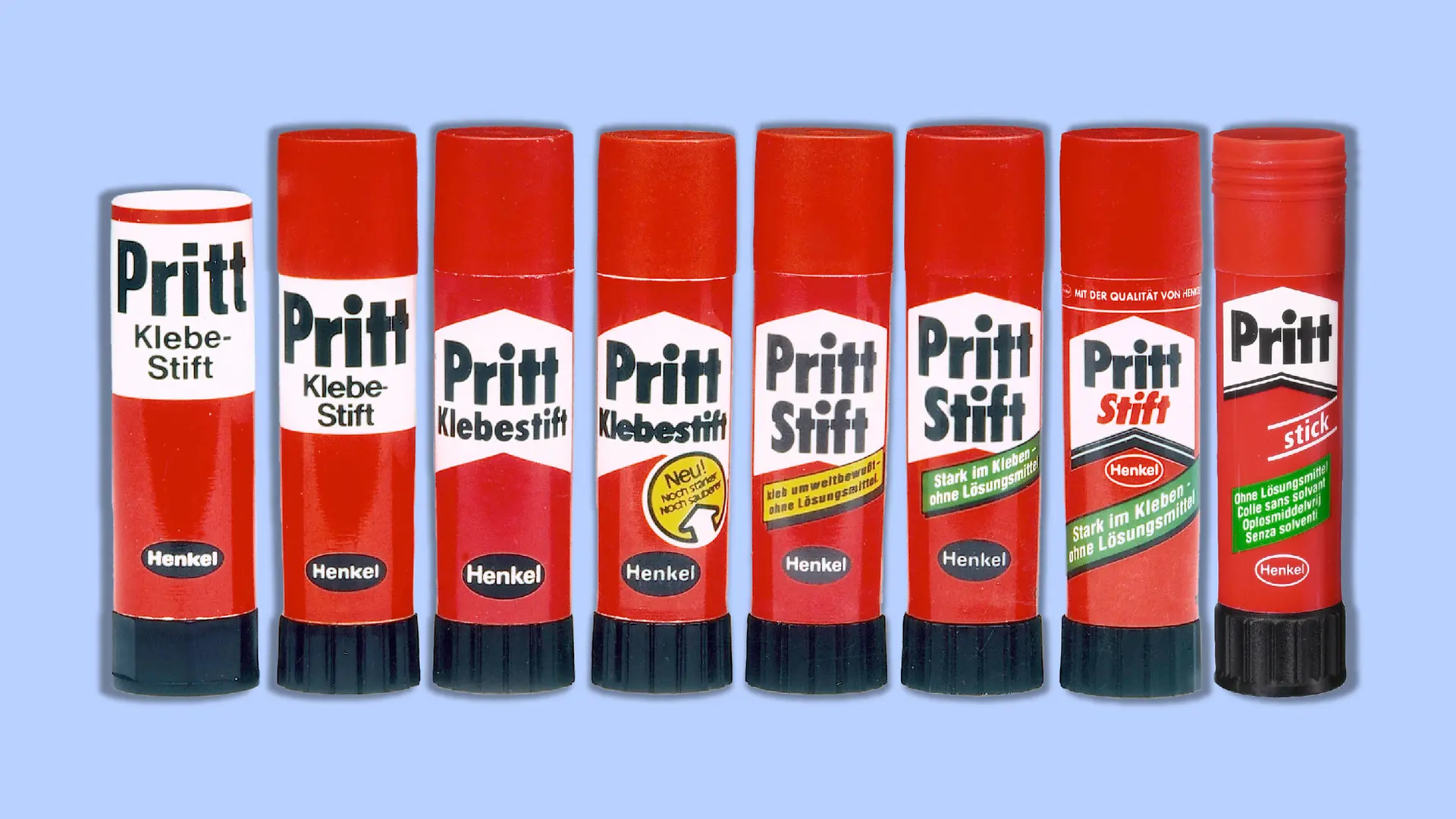 A Pritt ragasztóstift csomagolásának változása. Összesen nyolc különböző változat az 1969 és 2000 közötti évekből. Az összes stift a megszokott kivitelű: piros szín és fehér alapon fekete betűkkel szedett Pritt márkanév. Míg az első Pritt ragasztóstifteket fehér sávval tervezték, ez a sáv később egy keskenyedő, felfelé mutató nyíllá alakult. Az is észrevehető, hogy a márkanév alatti terméknév idővel „Klebestiftről” „Stift”-re, majd „Stickre” változott.