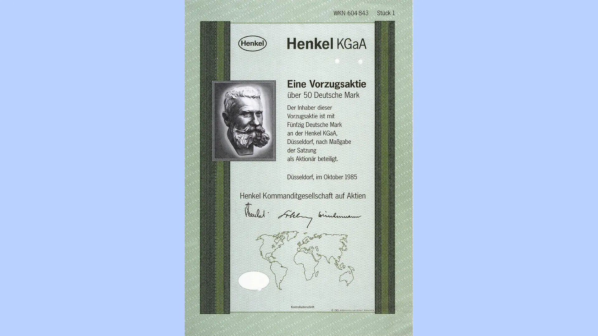 Egy 1985-ben kibocsátott, 50 márka névértékű Henkel elsőbbségi részvény