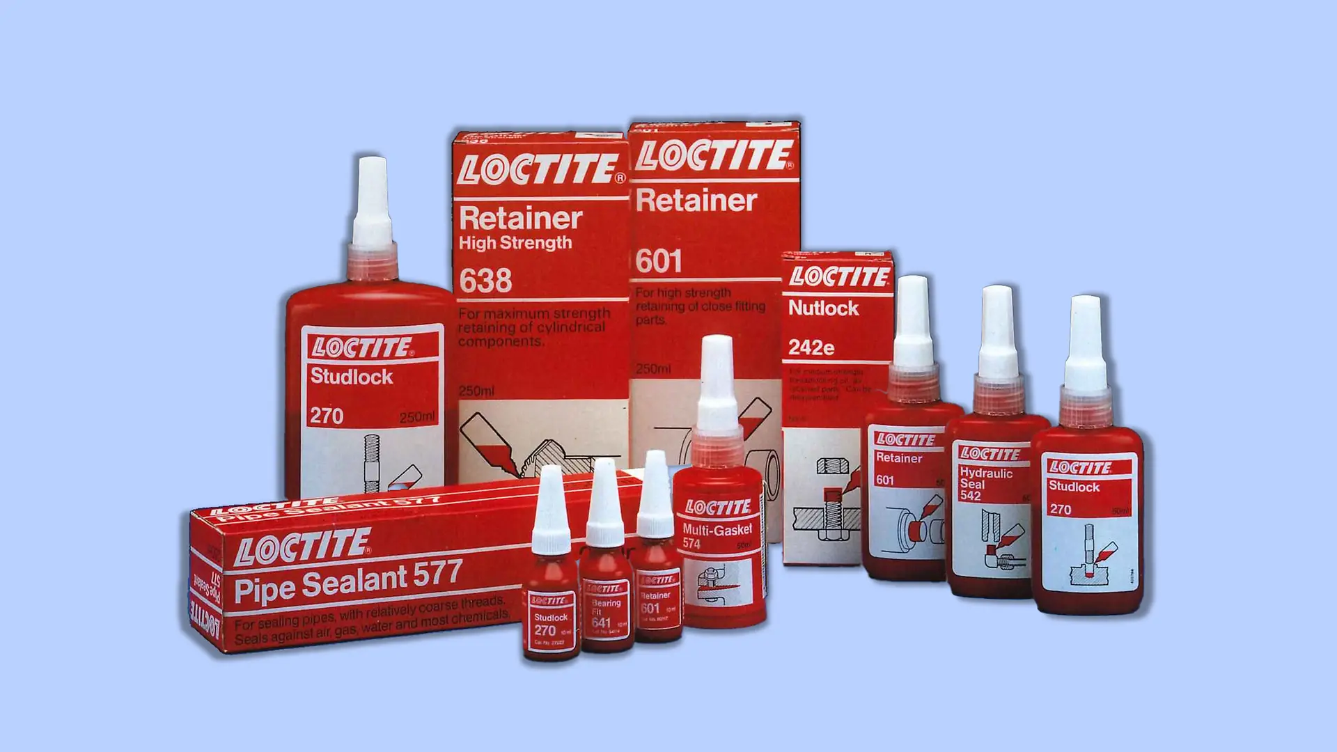 A Loctite-választék az 1990-es évekből: különböző ipari alkalmazásokhoz szánt termékek