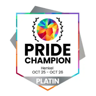 Pride Champion Platin 2025–2026 jelvény, amely elismeri a Henkel elkötelezettségét az LMBTQ+ befogadása és a munkahelyi egyenlőség iránt.