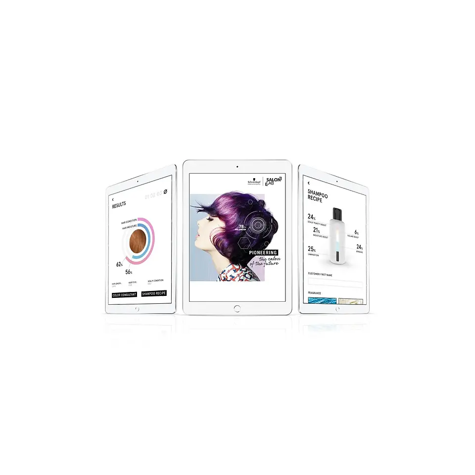 
The SalonLab Consultant App supports the hairdresser throughout the analysis, displaying the client's individual hair diagnostic results and enabling a personal color consultation with state-of-the-art augmented reality technology.