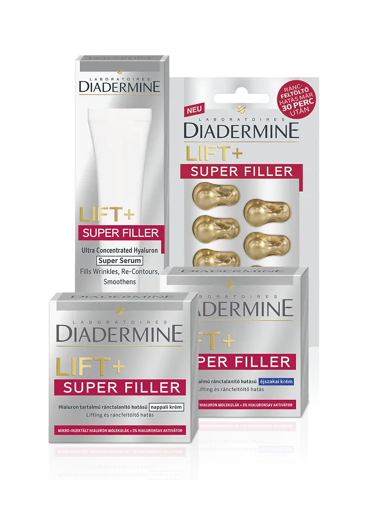 A Diadermine Super Filler termékek mind a bőr felszínén, mind a bőr mélyebb rétegeiben eredményesen és gyorsan képesek csökkenteni az öregedés látható jeleit