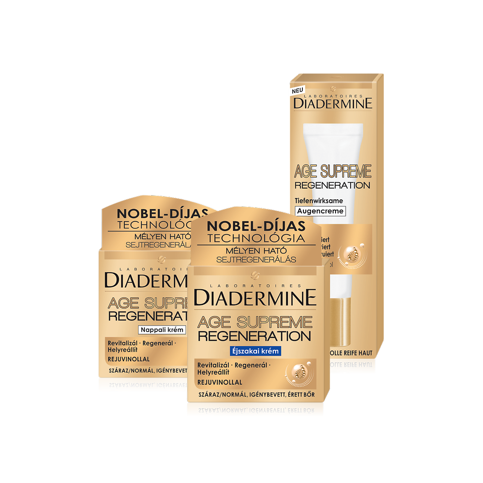 A Diadermine legújabb, forradalmian új, Nobel-díjas technológia alapján kifejlesztett AGE SUPREME termékcsaládja kifejezetten a 40-45 éven felüliek számára készült